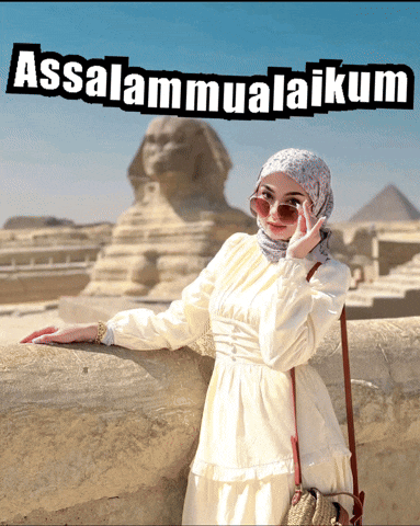 a woman wearing a hijab and sunglasses stands in front of the sphinx with the words assalamualaikum above her