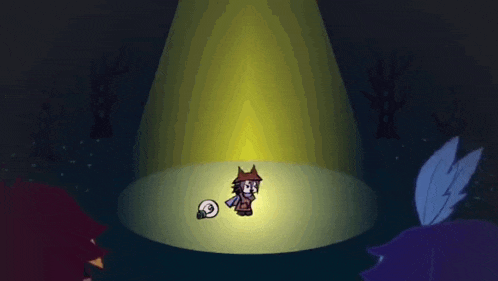 a cartoon character is standing under a spotlight in a dark room .