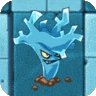 a cartoon ice monster is standing in the dirt in front of a blue wall .