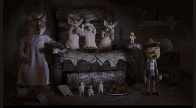 a group of stuffed animals are sitting on a couch with a plate of food