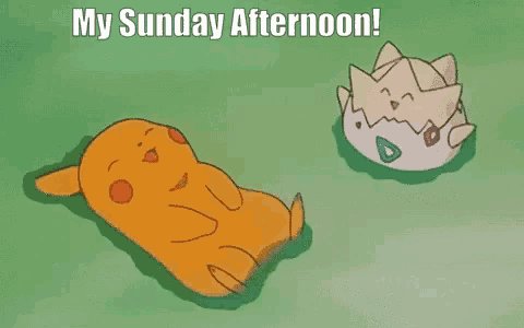 a pikachu and a togepi are laying on the grass with the caption my sunday afternoon !