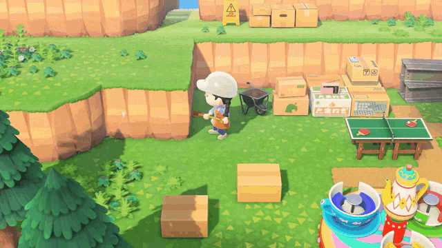 a video game with boxes and a caution sign