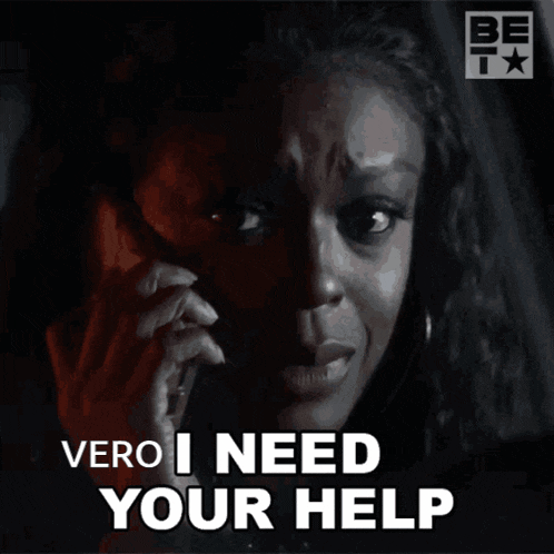a woman is crying while talking on a cell phone and the words vero i need your help are above her