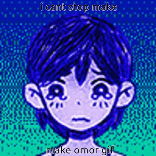 a drawing of a girl with blue hair and tears on her face with the words `` i cant stop make make omor gif ''