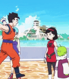 a group of anime characters are standing on a beach