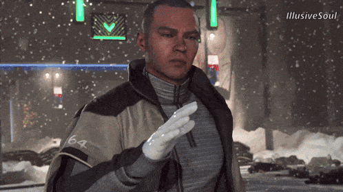 a man wearing a jacket with the number 64 on it stands in the snow