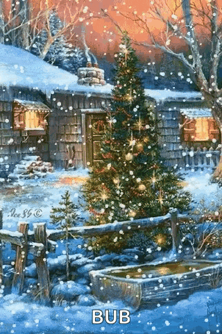 a painting of a christmas tree in the snow in front of a cabin .