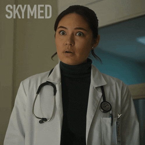 a woman in a lab coat with a stethoscope around her neck and the word skymed on the bottom