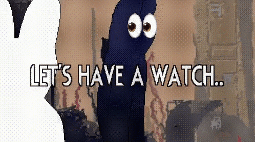 a cartoon character with big eyes is standing in front of a building and says let 's have a watch .