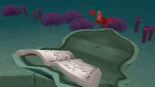 a cartoon of a crab swimming in the ocean next to an open book
