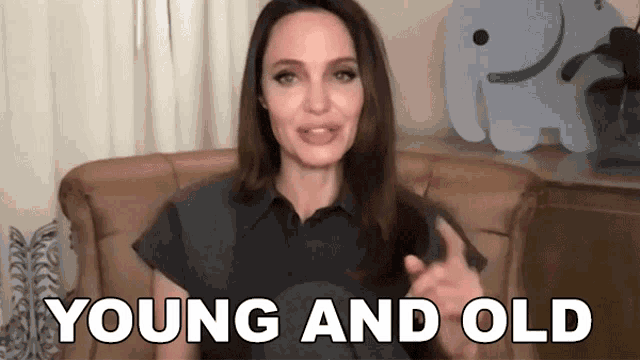 a woman sitting on a couch with the words young and old above her