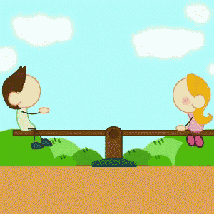a boy and a girl sitting on a seesaw