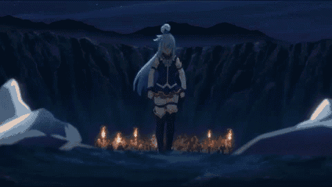 a girl with blue hair is standing in the water