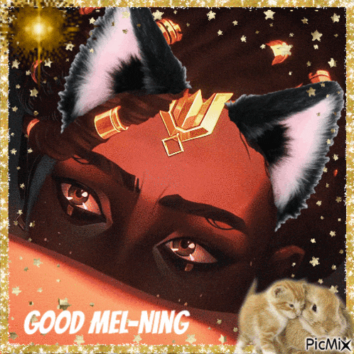 a picture of a woman with cat ears and the words good mel-ning on the bottom