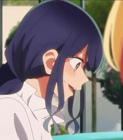 a close up of a person 's face with a blue haired anime character .