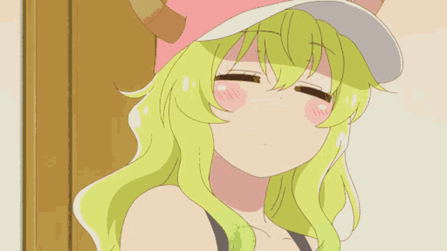 a girl with long green hair wearing a pink hat with horns