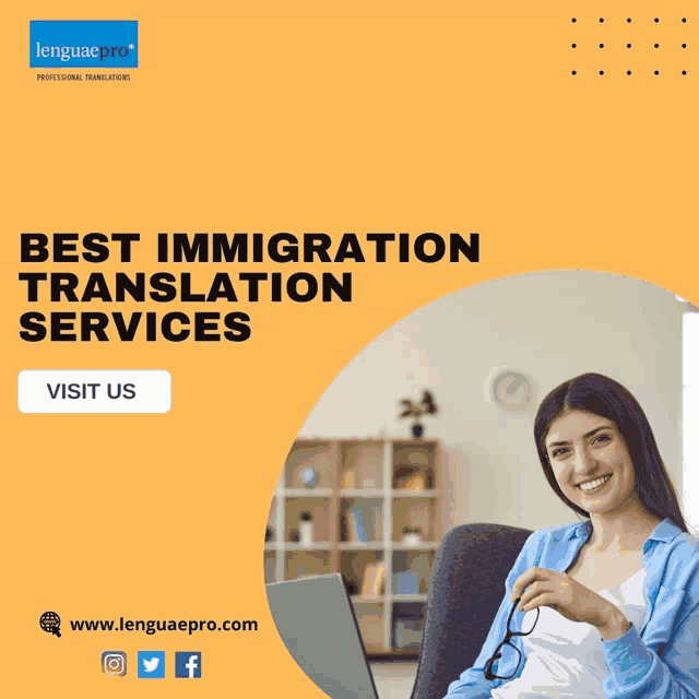 a woman sits in front of a laptop with the words best immigration translation services written above her