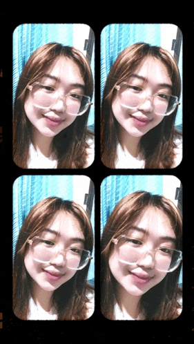 four pictures of a woman wearing glasses are displayed on a black background