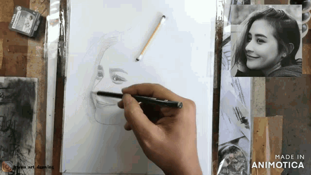 a person is drawing a woman 's face with a pencil on a piece of paper that says made in animatica