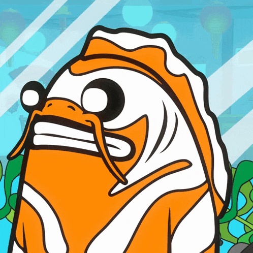 a cartoon drawing of an orange and white fish with a big mouth