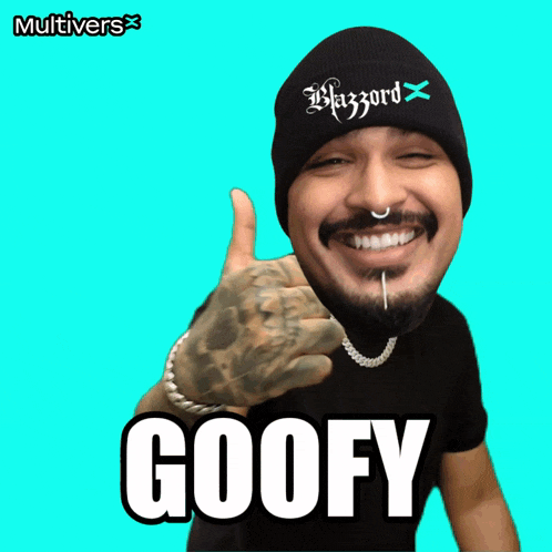 a man wearing a black beanie and a black shirt with the word goofy on it