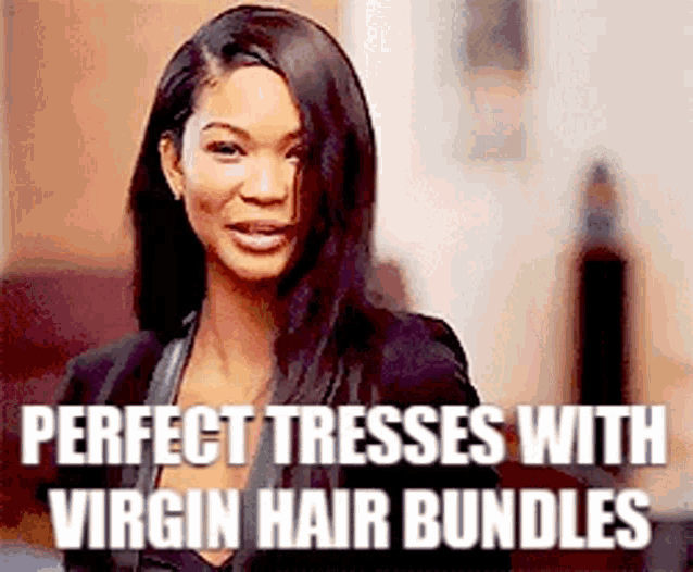 a woman with long hair is wearing a black jacket and smiling with the caption `` perfect tresses with virgin hair bundles '' .