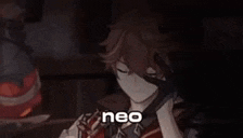 a man is holding his hand to his face and the word neo is on the bottom of the picture .