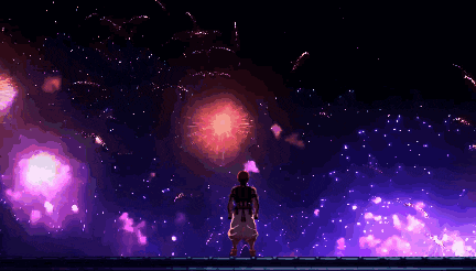 a pixel art of a man watching fireworks