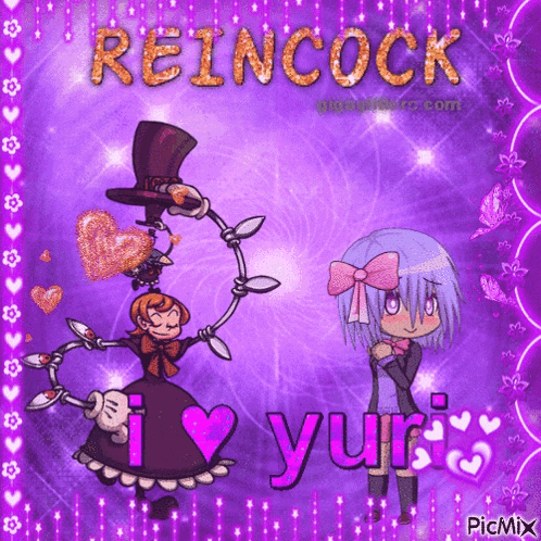 a purple background with reincock and i love yuri on it