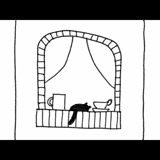 a black and white drawing of a cat sitting on a balcony with the date of 2018 on it