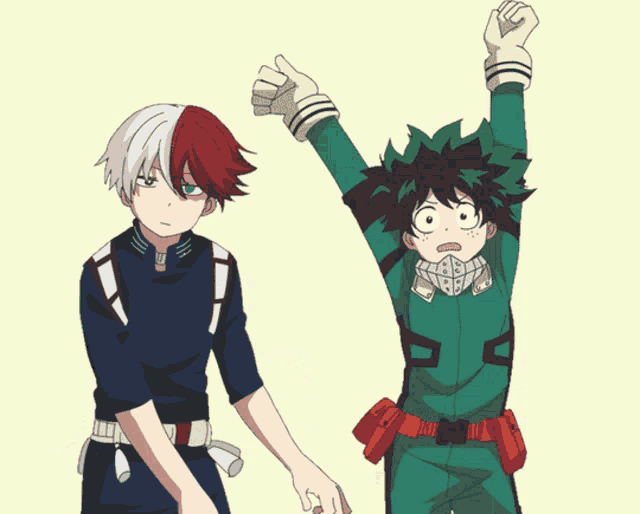 two anime characters are standing next to each other and looking at each other 's faces