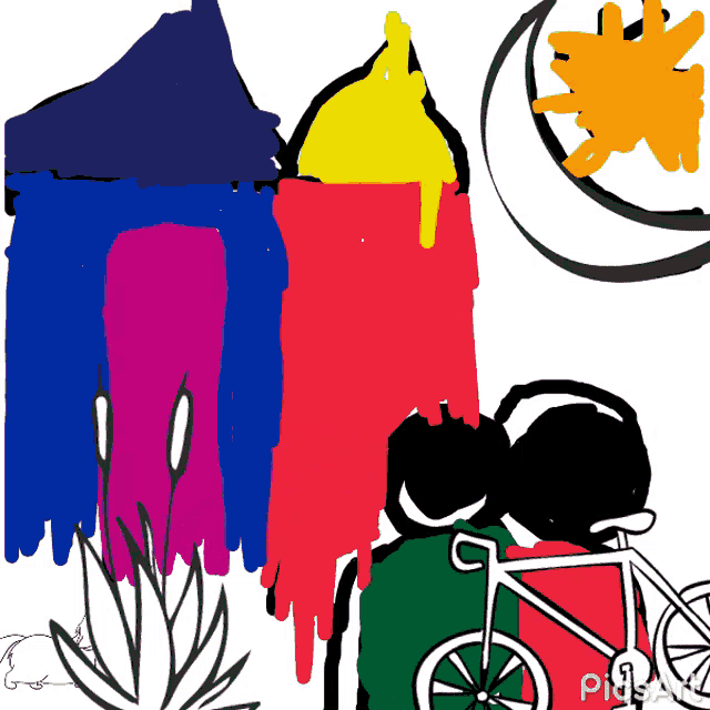 a drawing of a person riding a bike with the words ' picsart ' on the bottom right