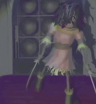 a creepy doll is standing in a room with a purple background