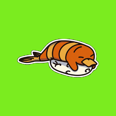 a sticker of a shrimp on a plate with a green background
