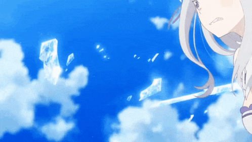 a girl with white hair is standing in front of a blue sky with clouds