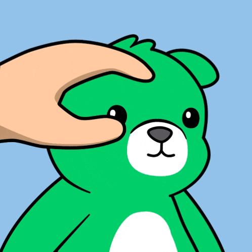 a person petting a green teddy bear 's head with a blue background