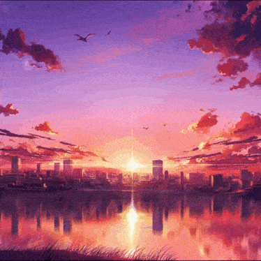 a painting of a city at sunset with birds flying over it