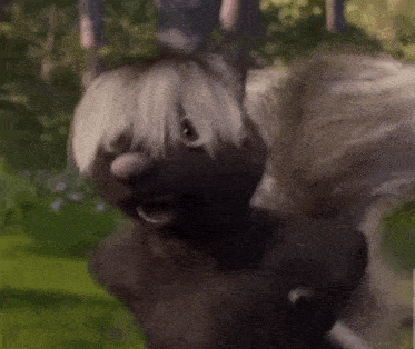 a cartoon squirrel with long white hair is standing in the woods and looking at the camera .