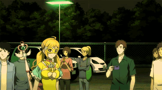 a group of people are standing in a parking lot and one of them has a mask on her face