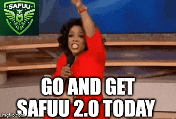 a woman in a red shirt is holding a microphone and saying go and get safuu 2.0 today