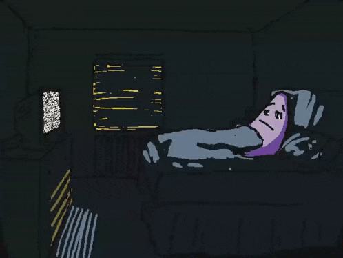 a cartoon of a person laying on a bed with a sad face