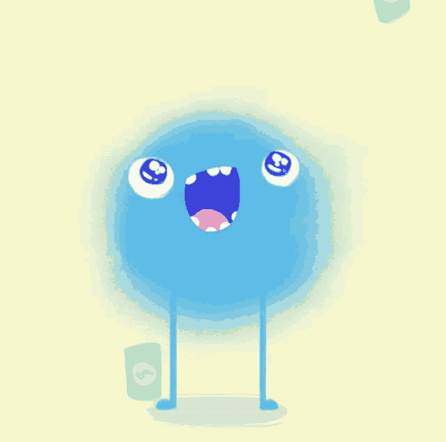 a cartoon drawing of a blue monster with a dollar sign on its face