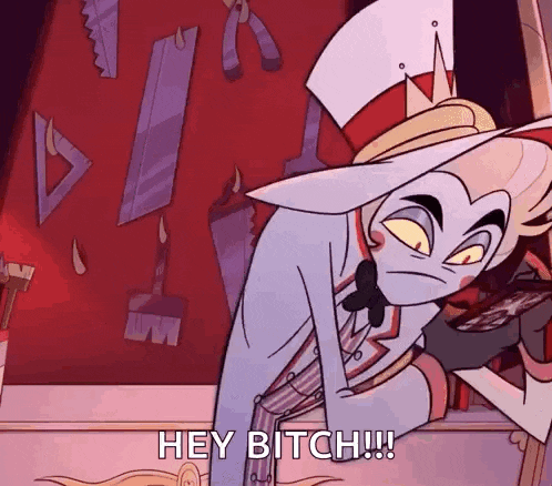 a cartoon character is saying hey bitch while holding a sword .