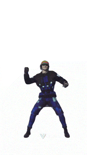 a man in a blue suit and helmet is standing with his arms outstretched