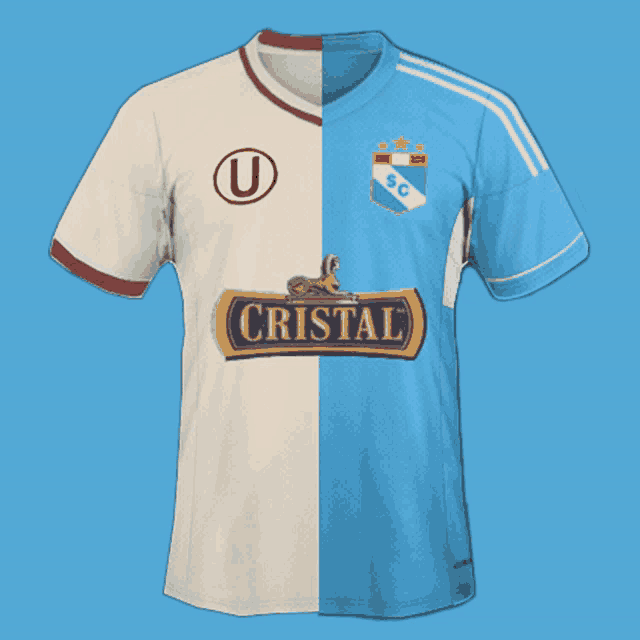 a white and blue soccer jersey with the word cristal on the front