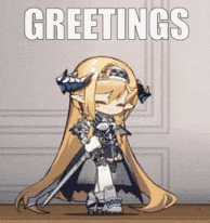 a picture of a girl with a sword and the words greetings above her