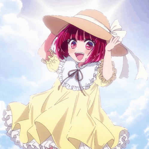 a little girl with red hair wearing a yellow dress and a straw hat