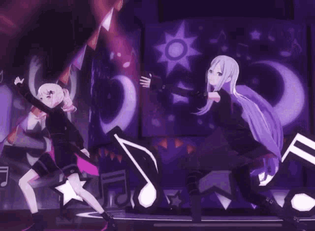 two anime girls are dancing on a stage with music notes and stars in the background