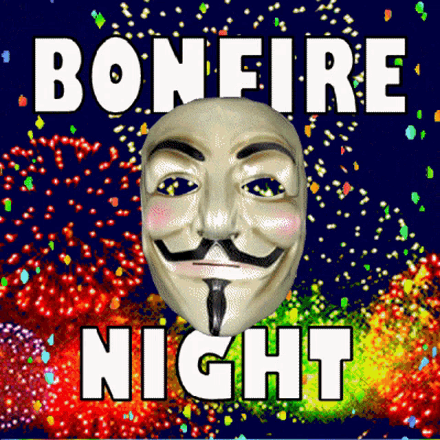 a bonfire night poster with a anonymous mask and fireworks