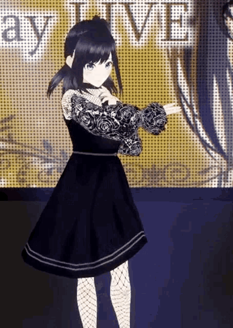 a girl in a black dress and fishnet stockings is standing in front of a screen .